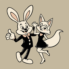 Dance. Retro cartoon vector illustration. Hare and fox dancing. April Fool's Day