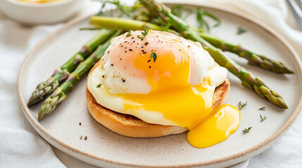 beautifully plated spring eggs benedict with perfectly poached egg and golden yolk on toasted english muffin, drizzled with silky hollandaise sauce, fresh asparagus, handmade ceramic plate