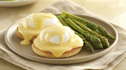 elegantly plated eggs benedict with poached eggs, hollandaise sauce, toasted english muffins, fresh asparagus, rustic linen napkin
