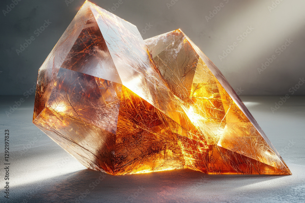 Aufkleber A captivating image of two large, amber-hued quartz crystals with intricate internal structures, illuminated from within.