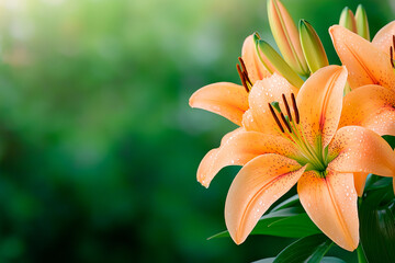 Obraz premium Close-up of a delicate lily with water droplets on its petals. The vivid orange tones and sharp details make this floral shot a breathtaking representation of nature.