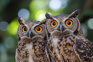 Obraz premium Two Owls Staring Intensely with Bright Orange Eyes in Natural Habitat
