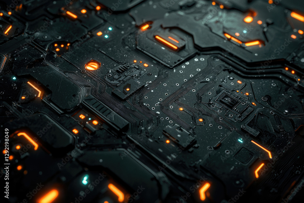 Aufkleber close-up of a futuristic circuit board with glowing orange accents, showcasing intricate details and