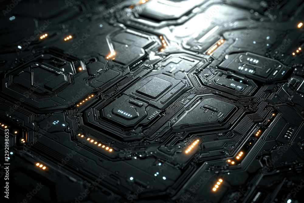 Poster Close-up of a dark, intricate circuit board with glowing components, showcasing technological complexity.