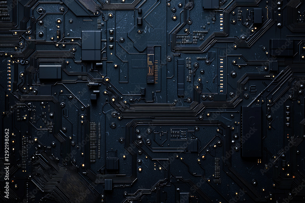 Poster close-up view of a dark, intricate circuit board, showcasing complex technological design.