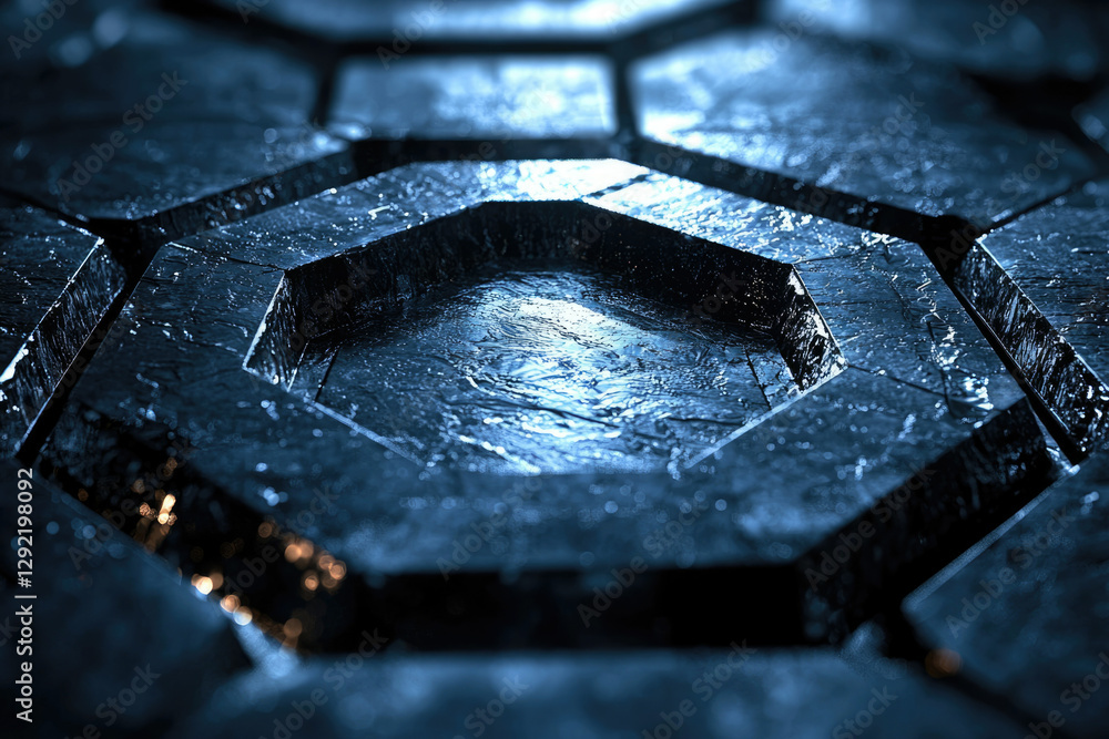 Poster Abstract dark blue hexagonal pattern, resembling a metallic or stone surface with depth and texture.