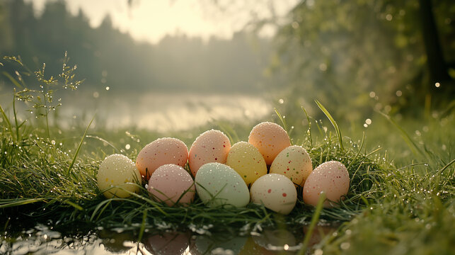 Pastel Easter eggs with dew drops on the grass, gentle scene of spring holiday