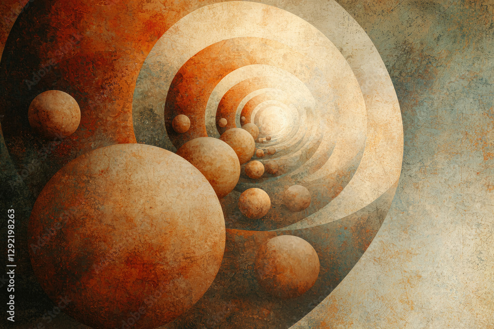 Poster abstract swirling tunnel of spheres in warm earthy tones, creating a sense of depth and mystery.