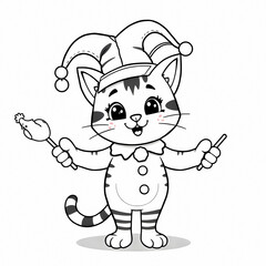Fototapeta premium Cute Cartoon Cat Jester with Bell Tipped Hat Playful Pose Black and White Line Drawing