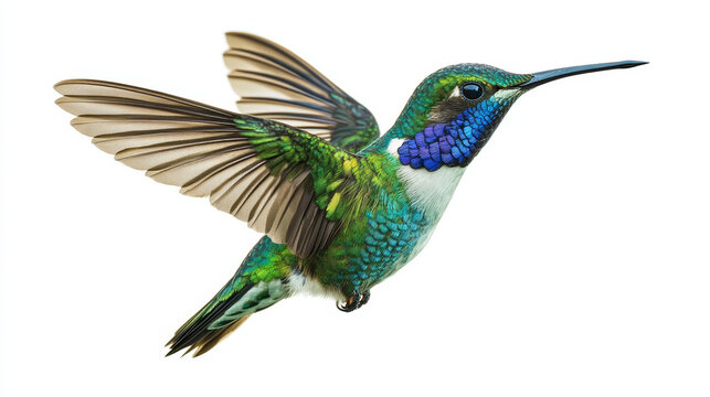 Green hummingbird in mid-flight with iridescent feathers and outstretched wings, isolated on a white background, ideal for nature conservation, birdwatching, and wildlife photography.