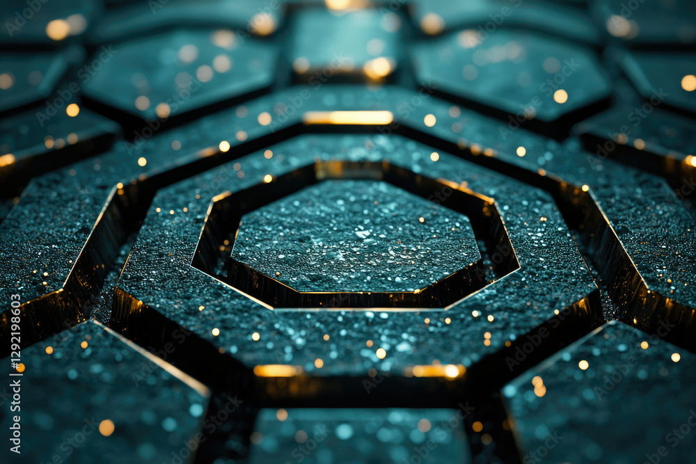 Aufkleber abstract image of teal hexagonal patterns with gold accents, glittering texture.