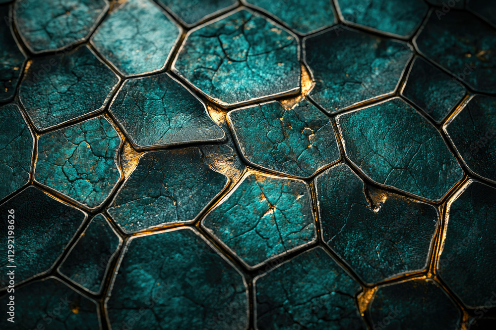 Poster close-up of teal and gold hexagonal tiles with cracked texture, resembling ancient armor or futurist