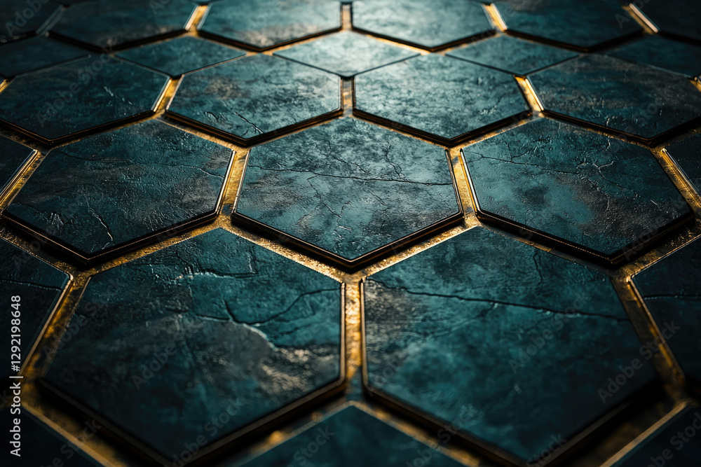 Poster Dark teal hexagonal tiles with gold grout lines create a textured, geometric pattern.