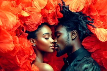 Obraz premium Sign of love and affection. Commercial marketing visual idea. Valentine's day, soulmatescouple: remarkable striking image of loving black teenager couple. Couple celebration. Fairytale love.