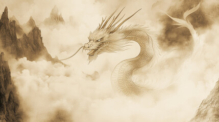 Illustration of a majestic Chinese dragon soaring through the clouds. Its long, serpentine body is covered in shimmering golden scales, with flowing whiskers and piercing eyes.