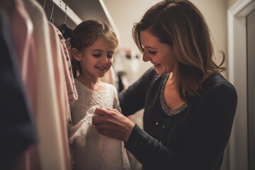 mother helping her daughter try on clothes, in a cozy fitting room with soft lighting