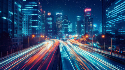Obraz premium Night city highway with traffic speed effect. Vector cartoon illustration of dark metropolis with neon windows, modern skyscrapers, street lights along road, fast transport motion trails, starry sky