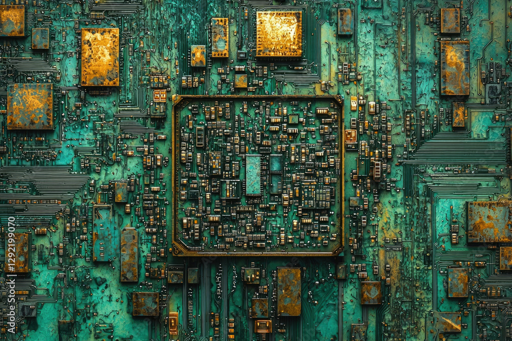 Aufkleber Close-up view of a complex, aged circuit board with intricate pathways and components.