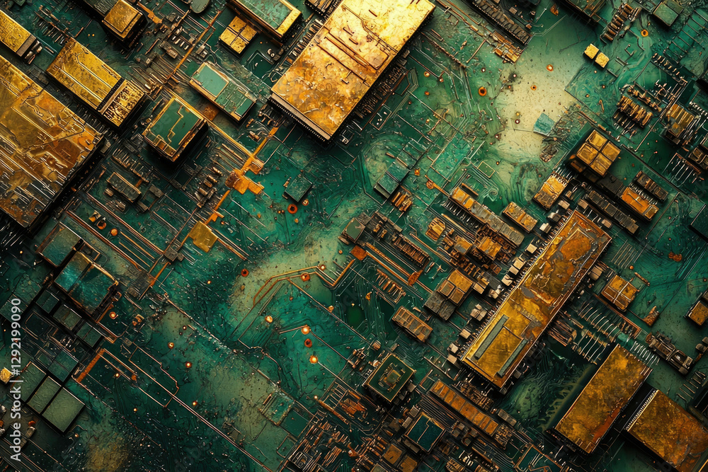 Poster Close-up view of a weathered circuit board, showcasing intricate electronic components and aged copper.