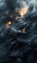 Fototapeta premium Flames erupt in dark ocean amidst turbulent waves, use for climate or nature theme