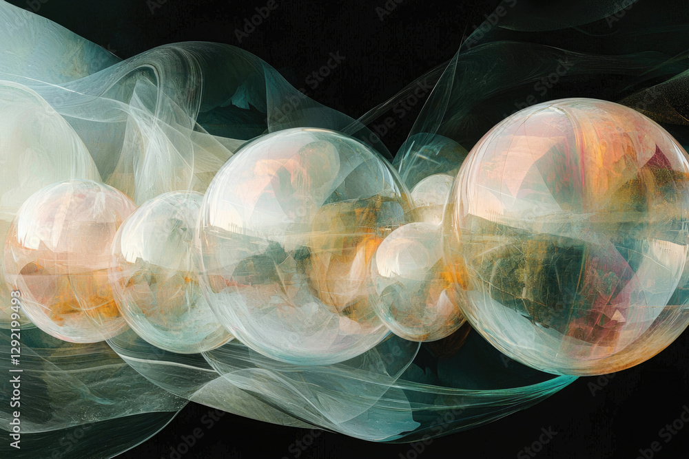 Poster abstract artwork depicting translucent spheres interconnected by flowing fabric, creating an etherea