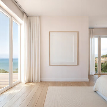 Minimalist coastal bedroom with blank frame mockup and ocean view