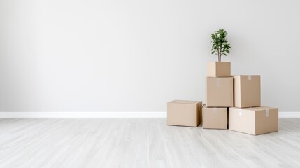 Empty room with cardboard boxes, home relocation, simple interior, for moving or storage solutions