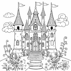 Obraz premium Fairy Tale Castle Whimsical Architecture Pennant Flags Intricate Floral Borders Black and White Fantasy Illustration