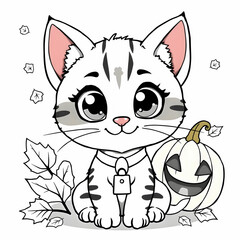 Obraz premium Cute Cartoon Kitten with Big Eyes and Striped Fur in Halloween Theme with Jack O Lantern and Autumn Leaves in Kawaii Style