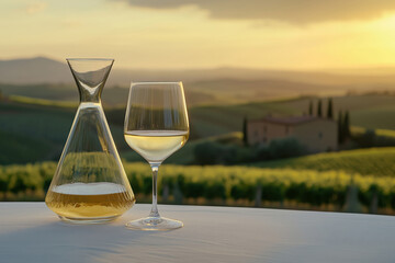 Obraz premium White wine in a glass and decanter served with a view of the summer sunset rural landscape