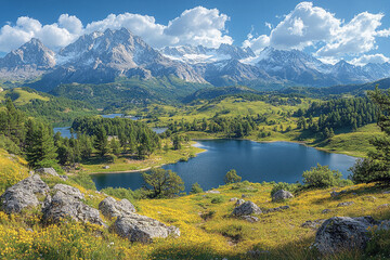 Fototapeta premium Serene Mountain Lake Vista, Alpine Scenery with Wildflowers and Peaks