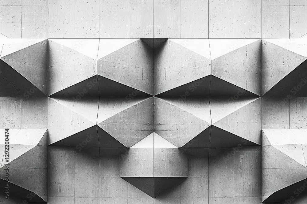 Poster Geometric concrete wall with a symmetrical pattern of gray triangular shapes.