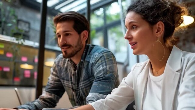 young handsome black man and young beautiful black woman working at the office front of the laptop computer	
