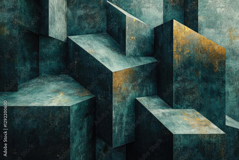 Aufkleber Abstract 3D rendering of intersecting teal and gold textured cubes creating a complex geometric composition.