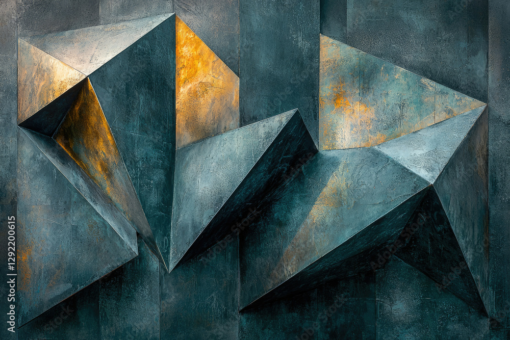 Poster abstract metallic sculpture with geometric shapes and a teal and gold color palette.