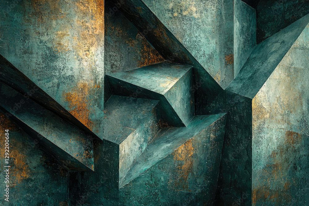 Poster Abstract geometric artwork featuring teal and gold textured blocks creating a complex, multifaceted structure.