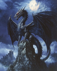 Illustration of a fierce Western dragon standing on a rocky cliff, wings spread wide as it breathes fire into the night sky.
