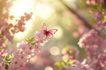 A breathtaking image of a delicate butterfly perched on a cherry blossom branch, capturing the ephemeral beauty of nature and the intricate details of both the flower and butterfly.
