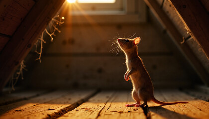 Mouse exploring wooden attic with sunlight