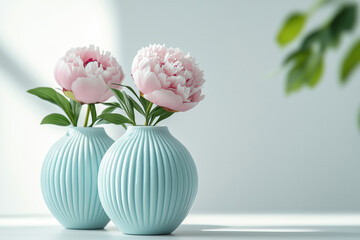 Delicate pink peonies on the table in ceramic vases