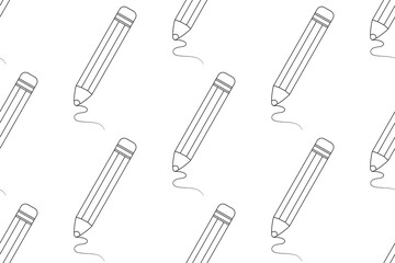 Seamless pattern with outline pencils. Children school supplies, office stationery on white background. Seamless pattern with drawing black pencils with eraser, vector illustration