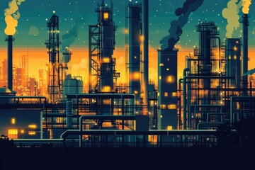 Fototapeta premium A stunning factory skyline illuminated at dusk, showcasing a blend of light and structure, representing the beauty of industrial power and nighttime ambiance in urban spaces.