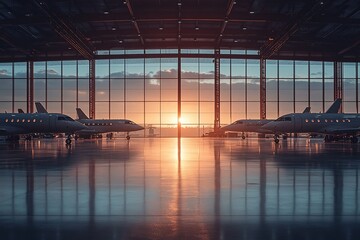 Four jets in hangar at sunset. Shiny floor. Great for business use