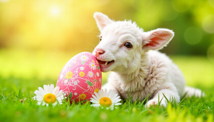 Obraz premium Curious lamb enjoying a colorful Easter egg on green grass