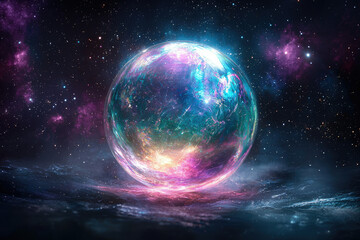Obraz premium A vibrant, cosmic sphere glows brilliantly amidst a star-studded nebula, showcasing ethereal beauty.