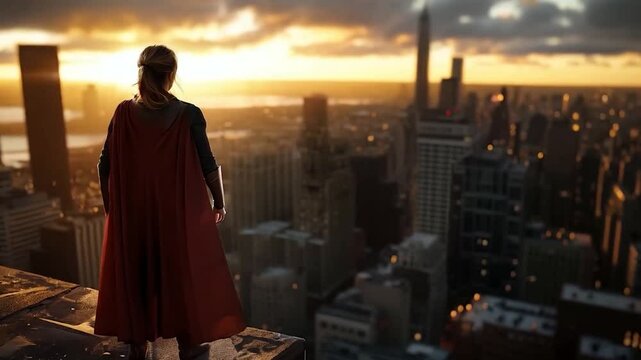 superhero standing above the city	