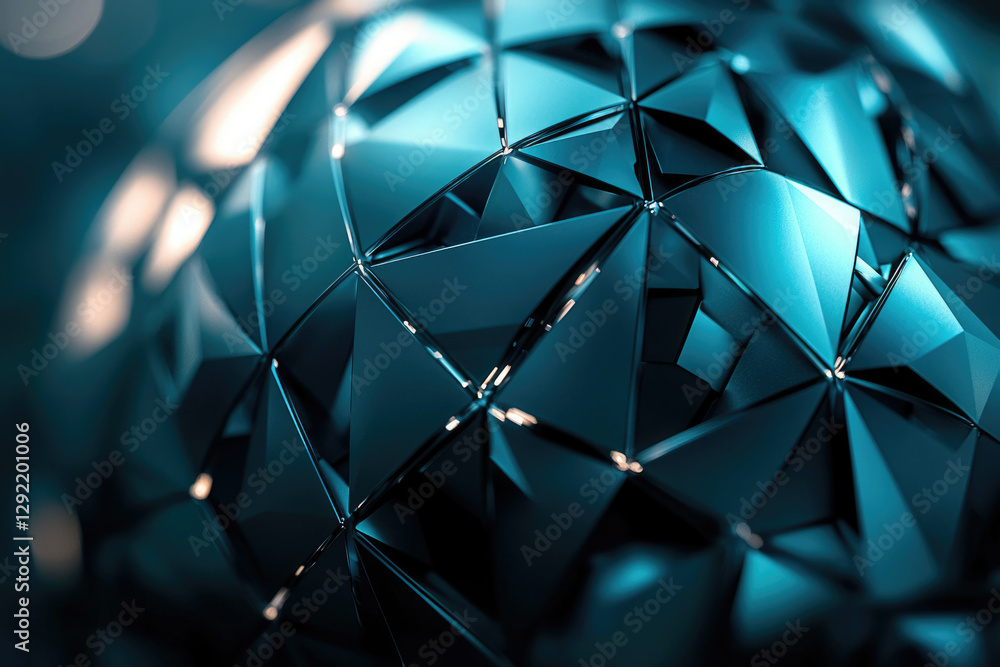 Poster abstract image of a dark teal,faceted sphere. geometric shapes create a modern, luxurious feel.