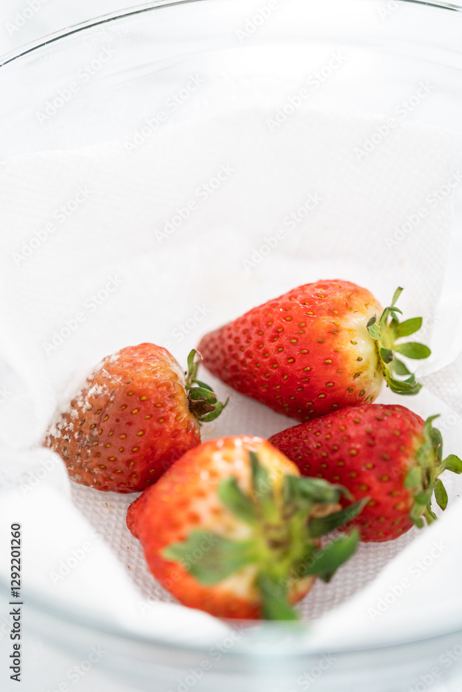 Wall mural Fresh and Moldy Strawberries in a Glass Bowl on a White Napkin