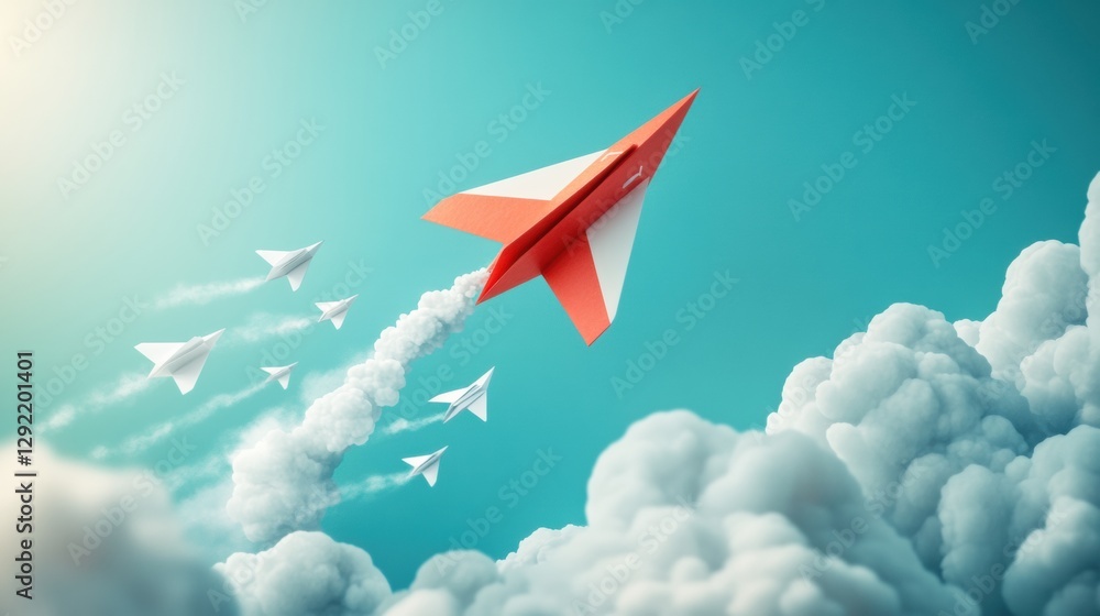 Aufkleber red and white airplane leads smaller paper planes through a clear blue sky symbolizing guidance and 