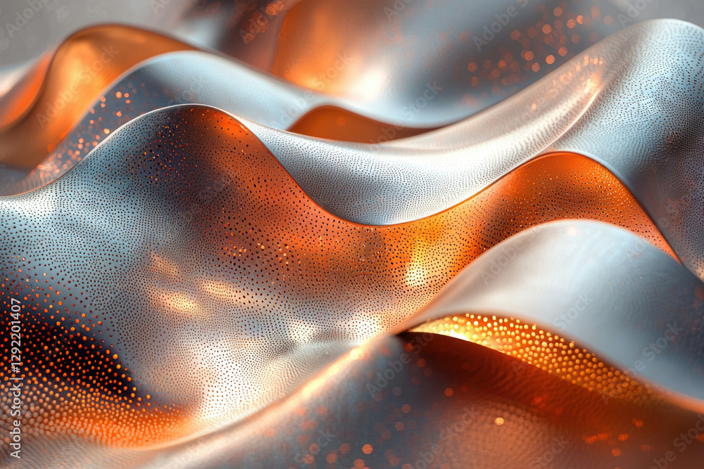 Poster Abstract metallic waves with perforated texture, glowing orange and silver, creating a dynamic and elegant visual.